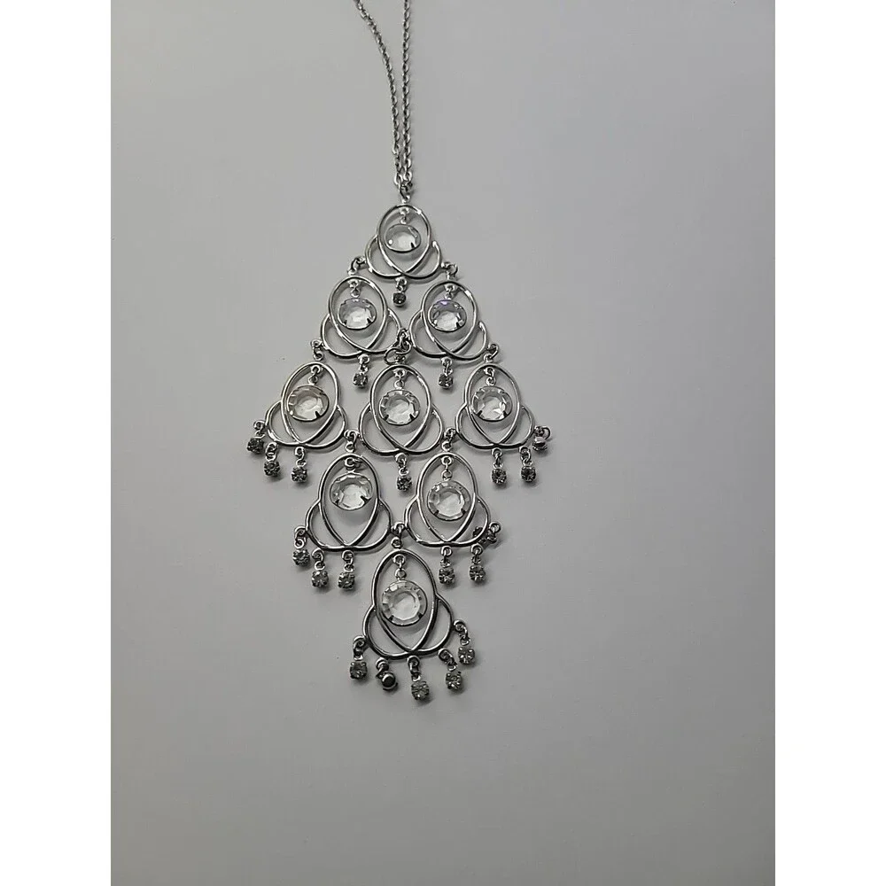 Silver‎ Tone Chandelier Necklace Clear Rhinestone Statement Dangle Bib Necklace